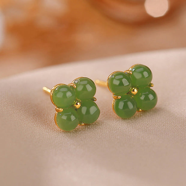 Buddha Stones 925 Sterling Silver Plated Gold Natural Cyan Jade Four Leaf Clover Luck Stud Earrings Earrings BS 3