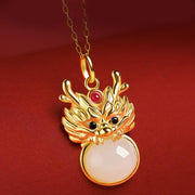 Buddha Stones Year Of The Dragon 925 Sterling Silver Natural Hetian White Jade Cyan Jade Success Necklace Pendant