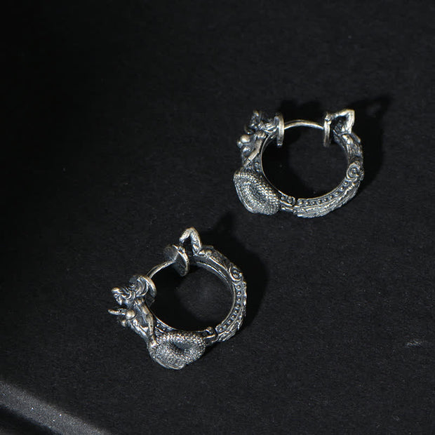 Buddha Stones 925 Sterling Silver Dragon Hoop Pattern Protection Earrings