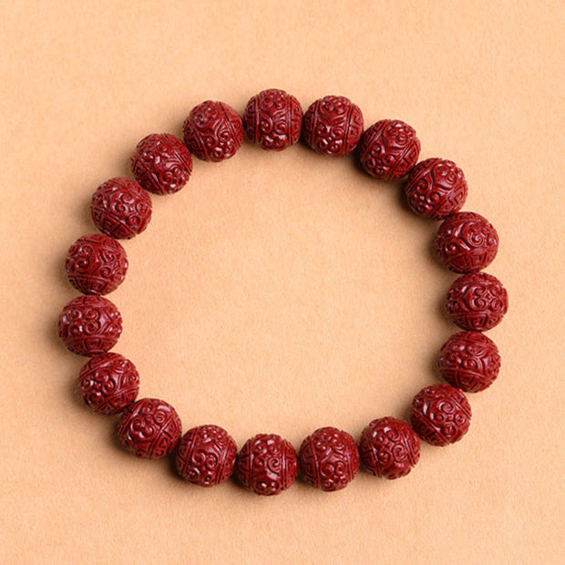 Buddha Stones Natural Cinnabar Om Mani Padme Hum Fret Pattern Lotus Blessing Bracelet Bracelet BS 1
