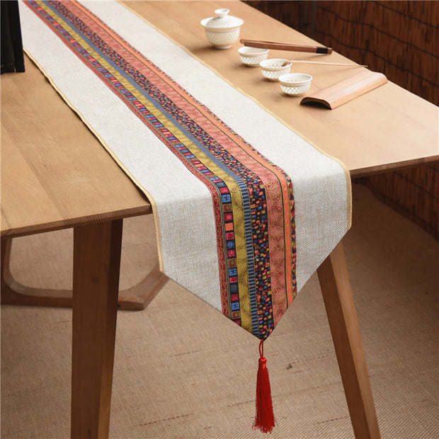 Buddha Stones Classic Chinese Style Lotus Koi Fish Flower Crane Calligraphy Enlightenment Cotton Linen Tassels Table Runner Table Runner BS Beige Red Colorful 30*180cm