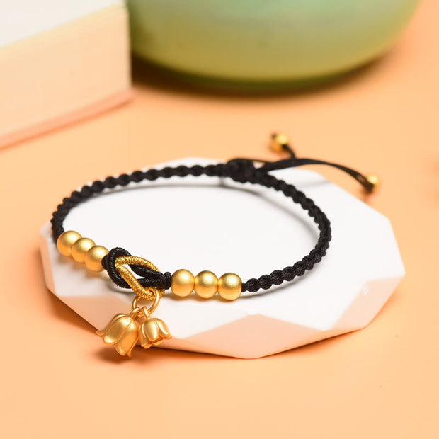 Buddha Stones Handcrafted Lily Of The Valley Flower Charm Design Luck Protection Braided Bracelet Bracelet BS Black Rope(Wrist Circumference 14-19cm)
