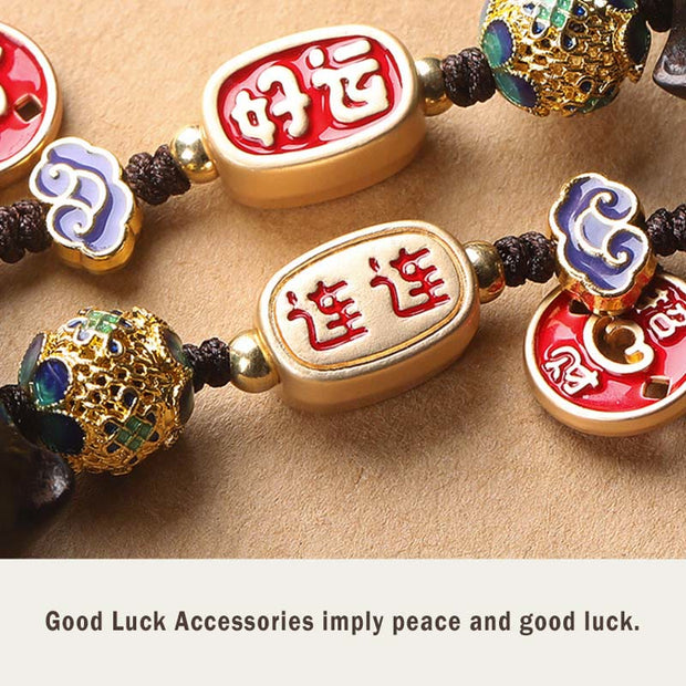 Buddha Stones Ebony Wood Lucky Cat Auspicious Cloud Peace Key Chain Phone Hanging Decoration