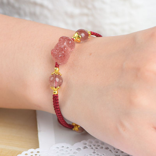 Buddha Stones Natural Strawberry Crystal Pixiu Charm Lucky Red String Bracelet Bracelet BS 4