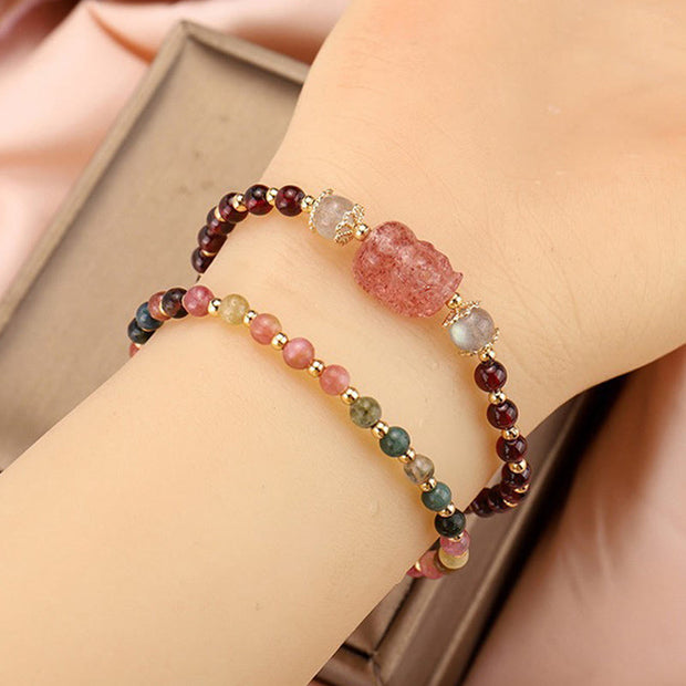 Buddha Stones Natural Tourmaline Garnet Strawberry Quartz PiXiu Moonstone Protection Bracelet Bracelet BS 8