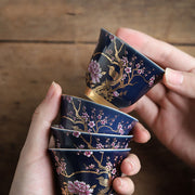 Buddha Stones Golden Magpie Peony Flower Ceramic Teacup Kung Fu Tea Cup