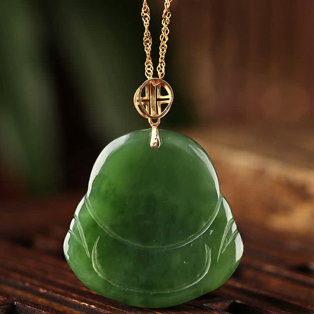 Buddha Stones 925 Sterling Silver Laughing Buddha Hetian Cyan Jade 18K Gold Success Necklace Chain Pendant Necklaces & Pendants BS 7