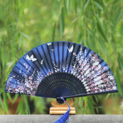 Buddha Stones Butterfly Flowers Handheld Silk Bamboo Folding Fan