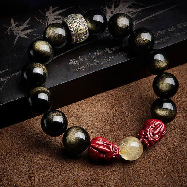Buddha Stones Gold Sheen Obsidian PiXiu Cinnabar Om Mani Padme Hum Protection Bracelet Bracelet BS 1