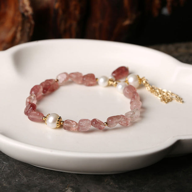 Buddha Stones Natural Strawberry Quartz Pearl 14k Gold Plated Love Healing Bracelet Bracelet BS 3