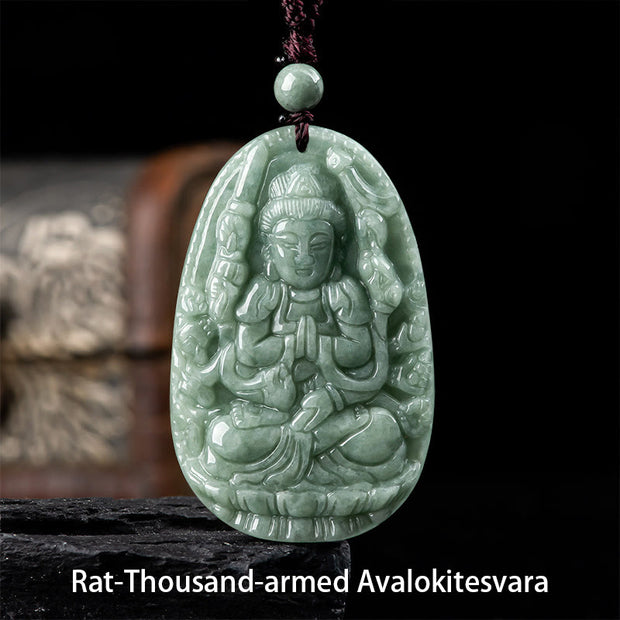 Buddha Stones Chinese Zodiac Natal Buddha Natural Jade Wealth Prosperity Necklace Pendant Necklaces & Pendants BS Rat-Thousand-armed Avalokitesvara