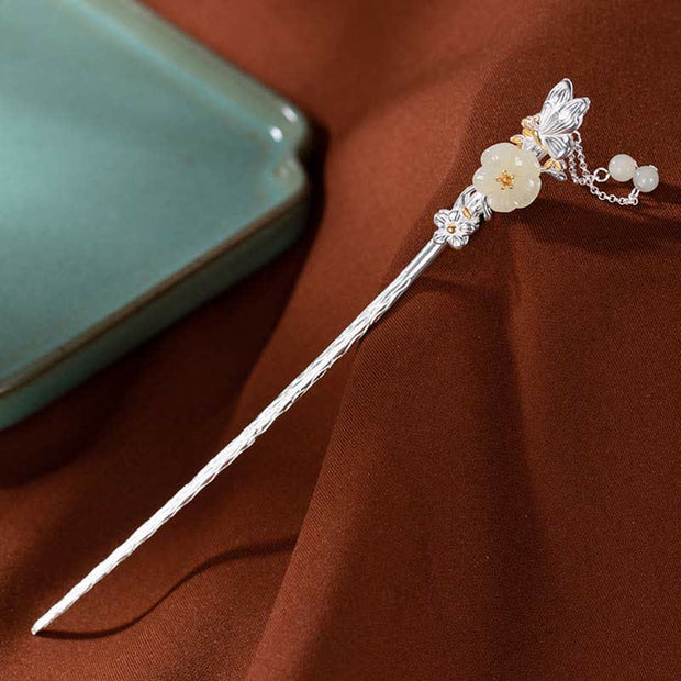 Buddha Stones 925 Sterling Silver Hetian White Jade Flower Blessing Hairpin Decorations BS 14