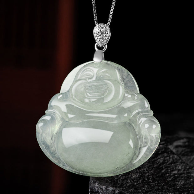 Buddha Stones 925 Sterling Silver Natural Jade Laughing Buddha Prosperity Abundance Chain Necklace Pendant