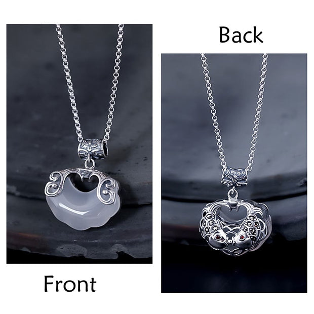 Buddha Stones 925 Sterling Silver Natural Chalcedony Lock of Good Wishes Koi Fish Luck Necklace Pendant Necklaces & Pendants BS 4