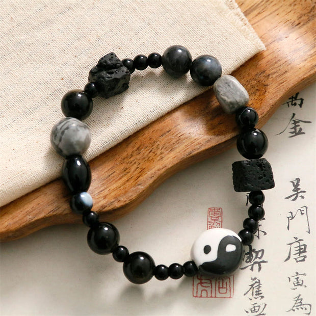Buddha Stones Black Onyx Picasso Jasper Bead Yin Yang Fortune Protection Bracelet Bracelet BS 6