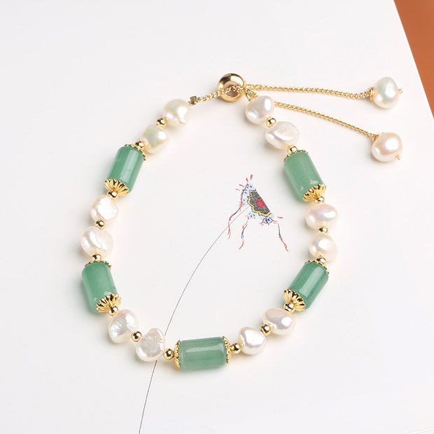 Buddha Stones Green Aventurine Pearl Pink Crystal Bead Luck Bracelet Bracelet BS 4