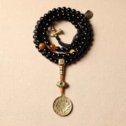Buddha Stones Tibetan 108 Mala Beads Black Onyx Tiger Eye Beads Nine Palaces Bagua Protection Bracelet