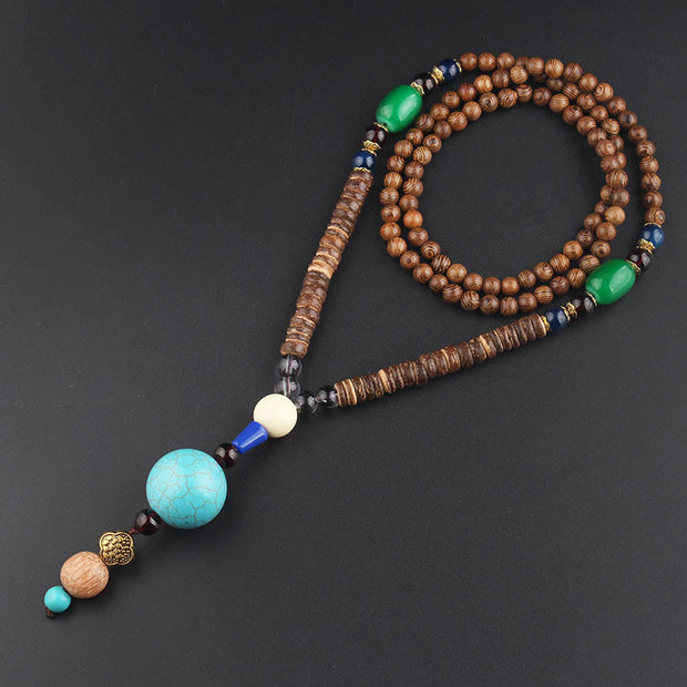Buddha Stones Tibetan Wenge Wood Bodhi Seed Agate Balance Peace Necklace Pendant Necklaces & Pendants BS Wenge Wood&Turquoise Ball