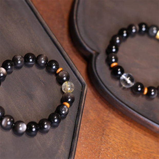 Buddha Stones Natural Silver Sheen Obsidian Crystal Om Mani Padme Hum Bead Protection Bracelet Bracelet BS 2