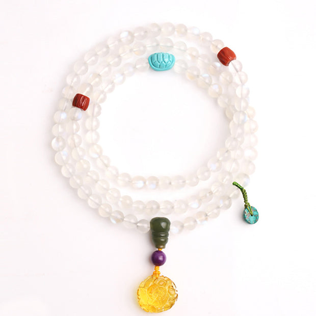 Buddha Stones 108 Mala Beads Moonstone Amber Lotus Turquoise Crystal Healing Bracelet Bracelet Mala BS 8