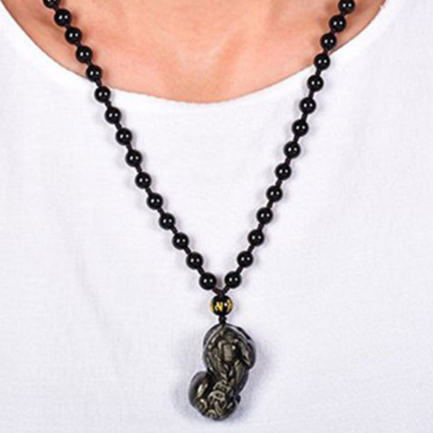 Buddha Stones FengShui Gold Sheen Obsidian PiXiu Wealth Necklace Necklace BS 3
