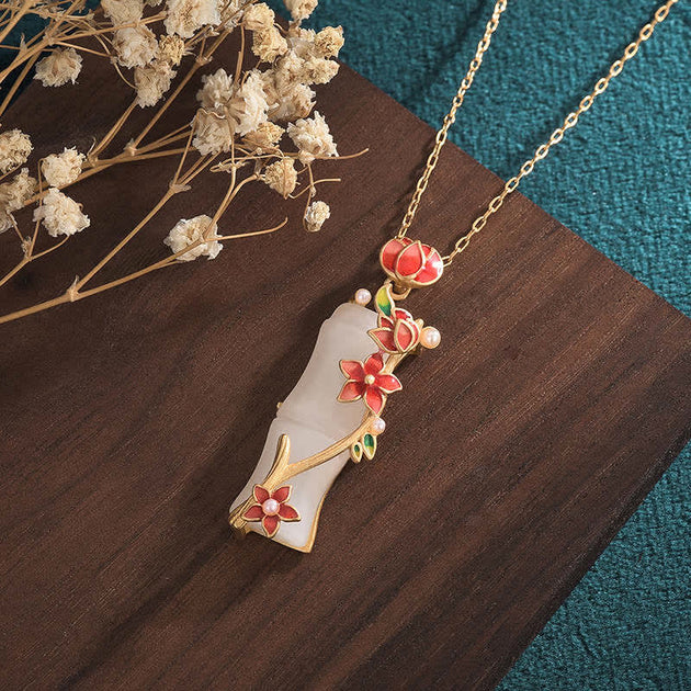 Buddha Stones White Jade Bamboo Lotus Flowers Luck Protection Necklace ...