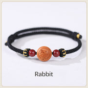 Buddha Stones Natural Peach Wood Chinese Zodiac Fu Character Carved Cinnabar Wealth Bracelet