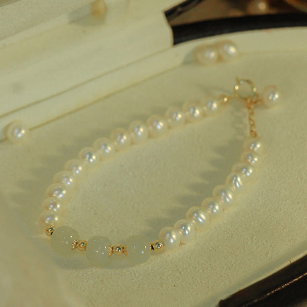 Buddha Stones 14K Gold Plated Natural Pearl Hetian Cyan Jade White Jade Sincerity Bead Chain Bracelet Bracelet BS 27