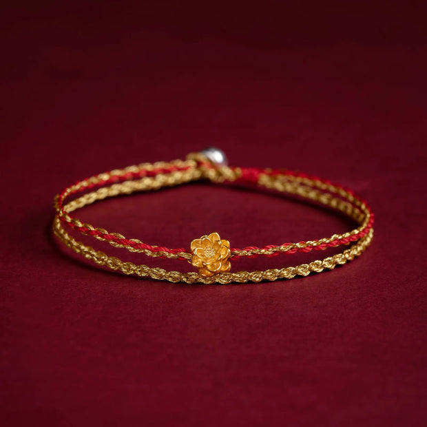 Buddha Stones 999 Gold Lotus Handmade Blessing Braid String Double Layer Bracelet Bracelet BS Red Gold Lotus 19-21cm