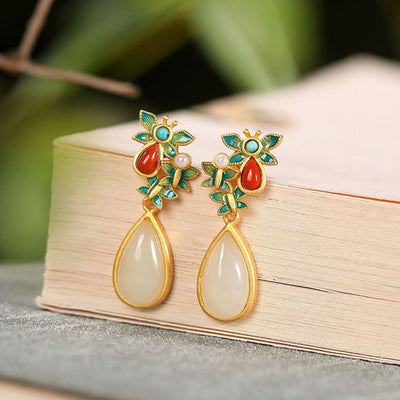 Buddha Stones Water Drop White Jade Red Agate Butterfly Protection Drop Dangle Earrings Earrings BS White Jade(Protection♥Happiness)