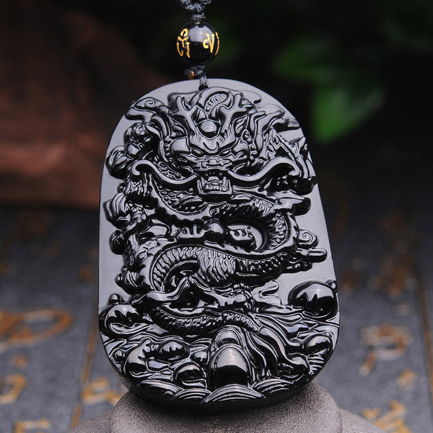 Buddha Stones Black Obsidian Stone Dragon Fulfilment Pendant Necklace Necklaces & Pendants BS 1