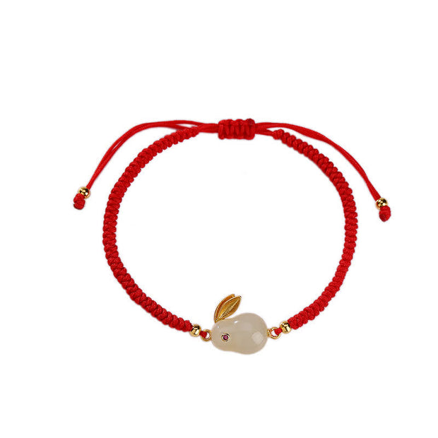 Buddhastoneshop 925 Sterling Silver Year of the Rabbit Hetian White Jade Luck Red String Protection Bracelet