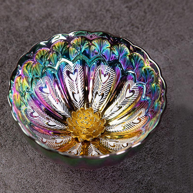 Buddha Stones Peacock Lotus Feathers Gold Inlaid Rainbow Color Jianzhan Ceramic Teacup Kung Fu Tea Cup
