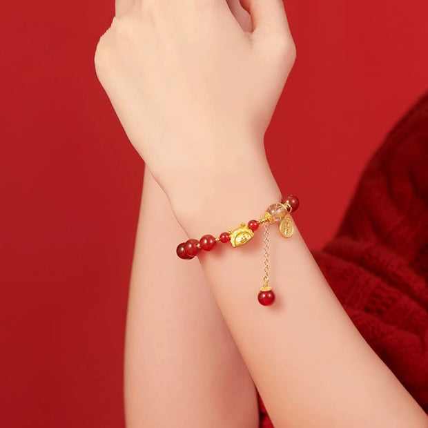 Buddha Stones Year of the Dragon Dumpling Natural Red Agate Garnet Hetian Jade Fu Character Luck Success Bracelet Bracelet BS 6
