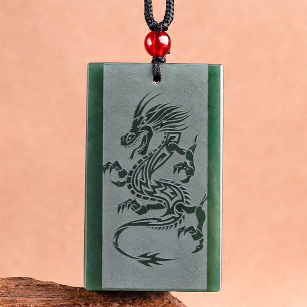 Buddha Stones Hetian Cyan Jade Dragon Engraved Success Necklace Pendant Necklaces & Pendants BS 4