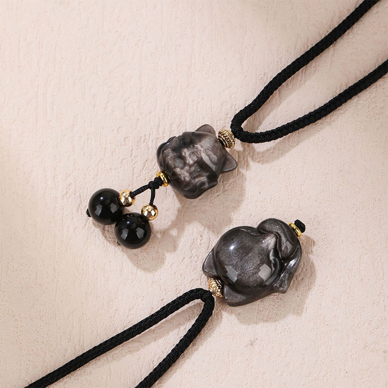 Buddha Stones Natural Silver Sheen Obsidian Nine Tailed Fox