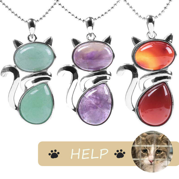 "Save A Cat" Cute Cat Pattern Natural Crystal Protection Cat-Loving Pendant Necklace Necklaces & Pendants BS 1