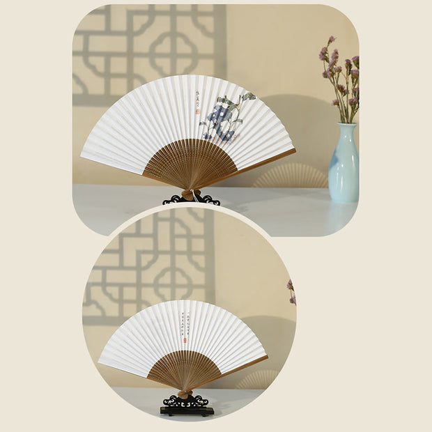 Buddha Stones Bird Flowers Orchid Handheld Paper Bamboo Folding Fan