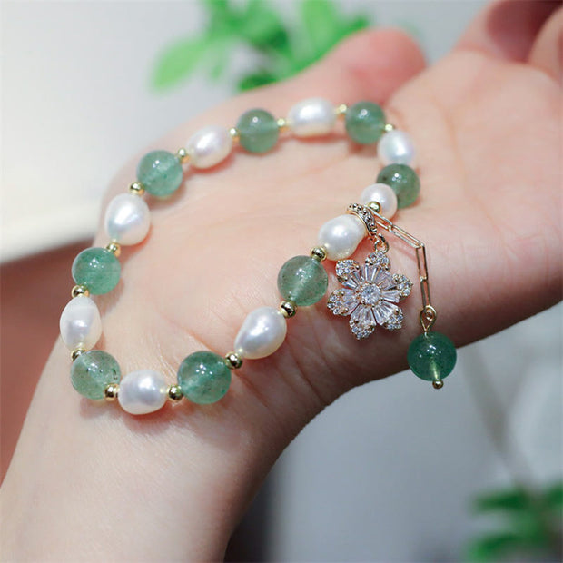 Buddha Stones Natural Green Strawberry Quartz Pearl Flower Charm Love Bracelet Bracelet BS 4