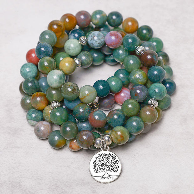 Buddha Stones 108 Mala Beads Indian Agate Lotus OM Buddha Tree of life Positive Calm Bracelet