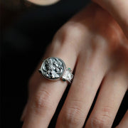 Buddha Stones 925 Sterling Silver Tang Dynasty Flower Design Carved Zakiram Goddess of Wealth Luck Ring