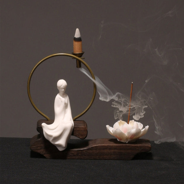 Buddha Stones Ceramic Lotus Healing Meditation Incense Burner Decoration Decorations Incense Burner BS White Painting