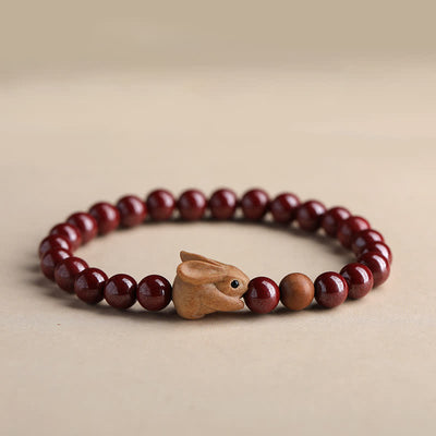 Buddha Stones Year of the Rabbit Cinnabar Bunny Sandalwood Blessing Bracelet Bracelet BS Cinnabar 17-18cm