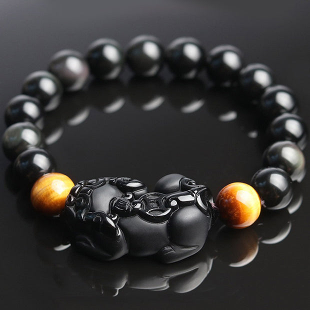 Buddha Stones FengShui PiXiu Rainbow Obsidian Tiger Eye Wealth Bracelet Bracelet BS 1