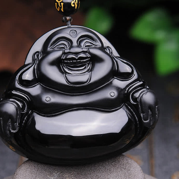Buddha Stones Laughing Buddha Black Obsidian Transformation Pendant Necklace Necklaces & Pendants BS Black Obsidian