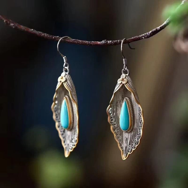Buddha Stones 925 Sterling Silver Turquoise Bodhi Leaf Pattern Protection Drop Dangle Earrings Earrings BS 8