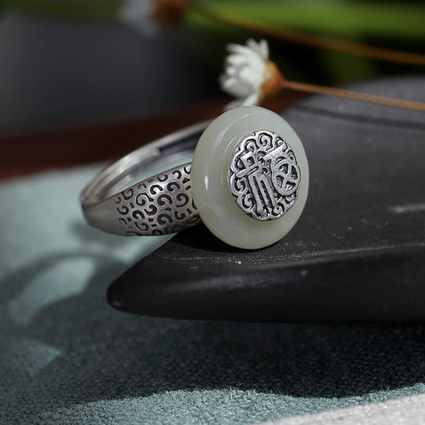 Buddha Stones White Jade Blessing Letter Happiness Adjustable Ring Ring BS 16