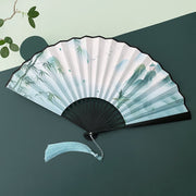 Buddha Stones Retro Lotus Flower Leaf Mountain Lake Handheld Folding Fan With Bamboo Frames