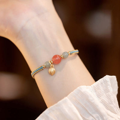 Buddha Stones Red Agate Jade Lotus Confidence Calm String Bracelet
