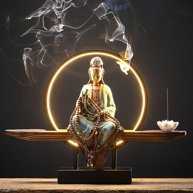 Buddha Stones Buddha Avalokitesvara Ceramic Lotus Relaxation Incense Burner Decoration